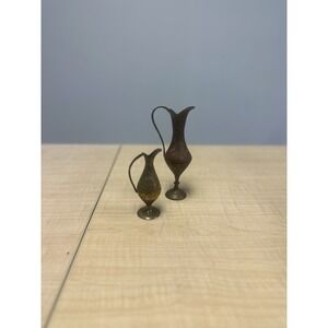 VTG‎ Etched Brass Miniature Ewer Pitcher Pair India Enamel Art Jug Vase Decor